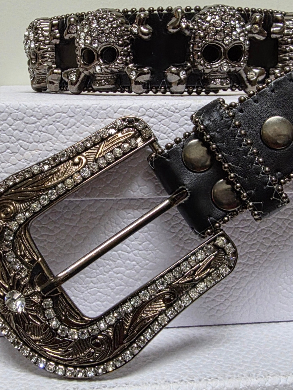 Skull And Crossbones Rhinestone Leather Belt With Carved Embelished Buckle